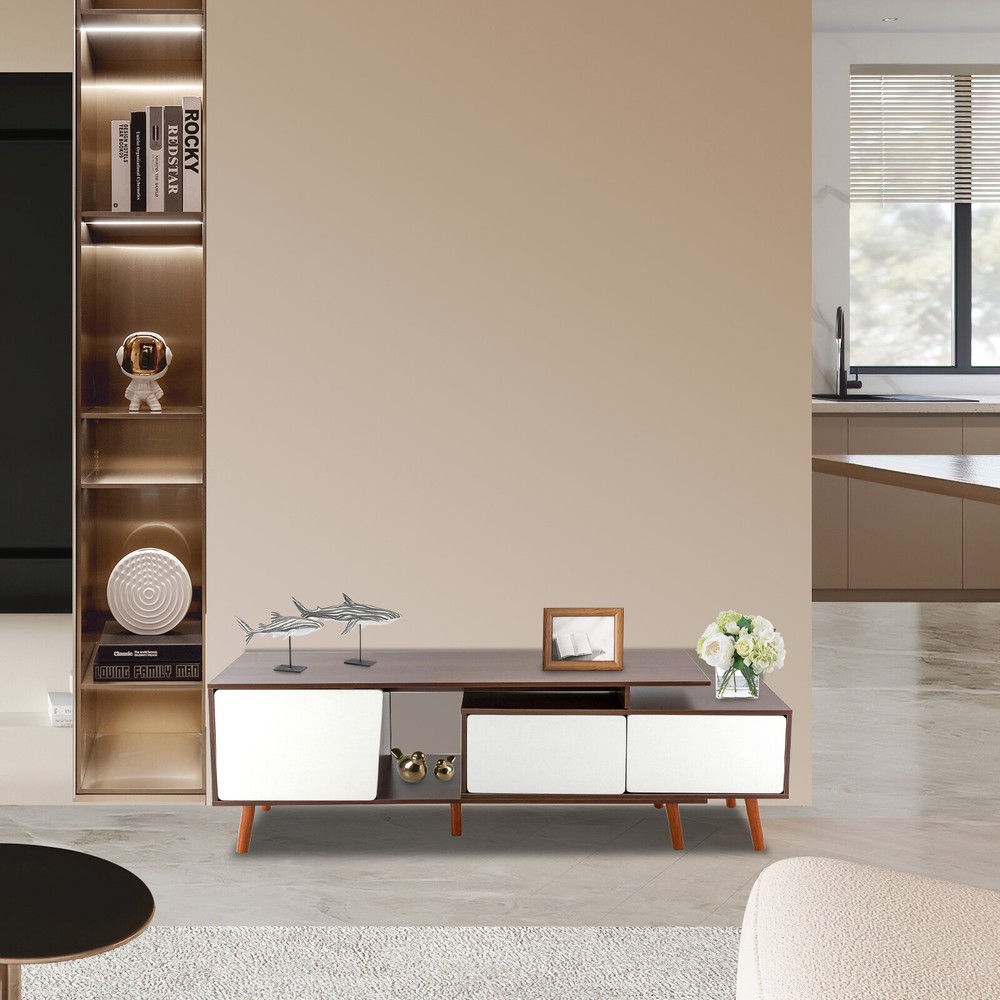 3-Compartments TV Stand Adjustable Living Room Retangular Television Cabinet