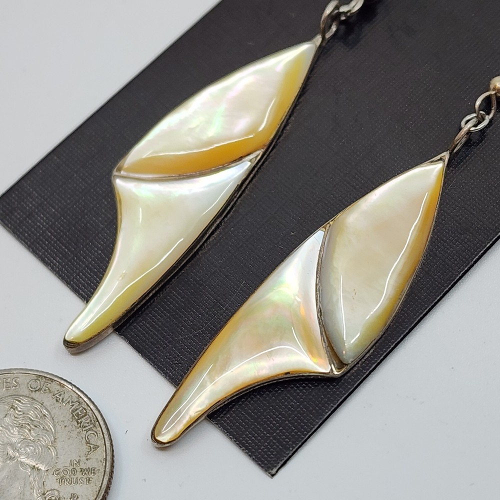 Large Native American Sterling Silver & Shell Inlay Dangle Earrings