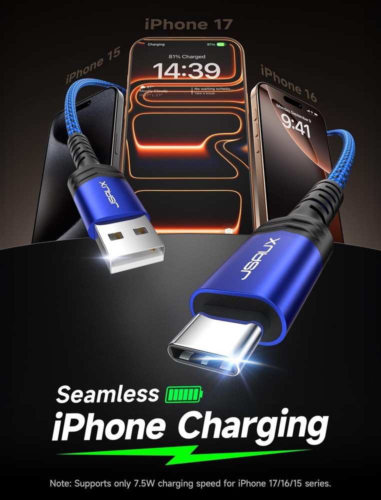 JSAUX USB C Cable Fast Charging 3.3ft+6.6ft+10ft, Blue