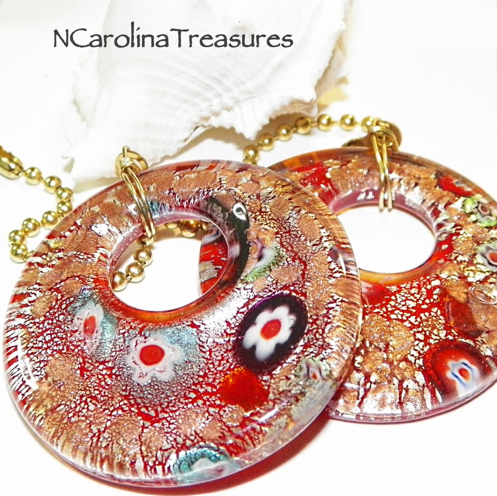 RED GLITTER CIRCLE ART GLASS CEILING FAN LIGHT SWITCH PULL CIRCULAR LARGE PAIR