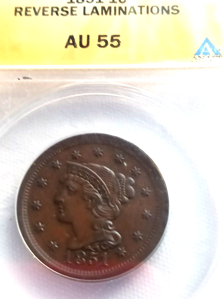 1851 LARGE CENT USA, ANACS CERTIFIED AU55 NICE