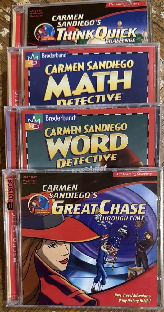 4 Carmen Sandiego's Chase, Think Quick, Word & Math Educational Software Disks