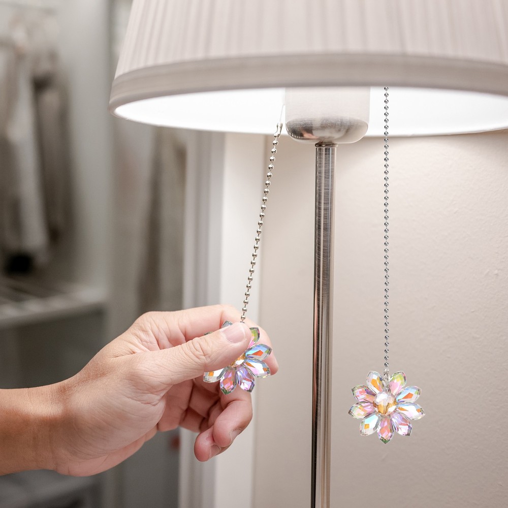 2Pcs Ceiling Fan Pull Chain 24" Crystal Flower Pendant Chain Extender Light Blue