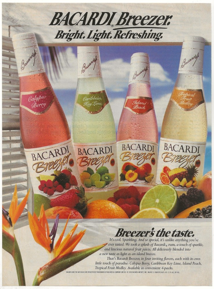 Vintage Print Ad Bacardi Breezers - Bright Light Refreshing - May 1990