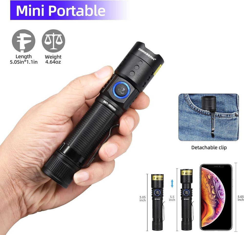 UV 365nm Flashlight Black Light LED Ultraviolet Flashlight Powerful Rechargeable
