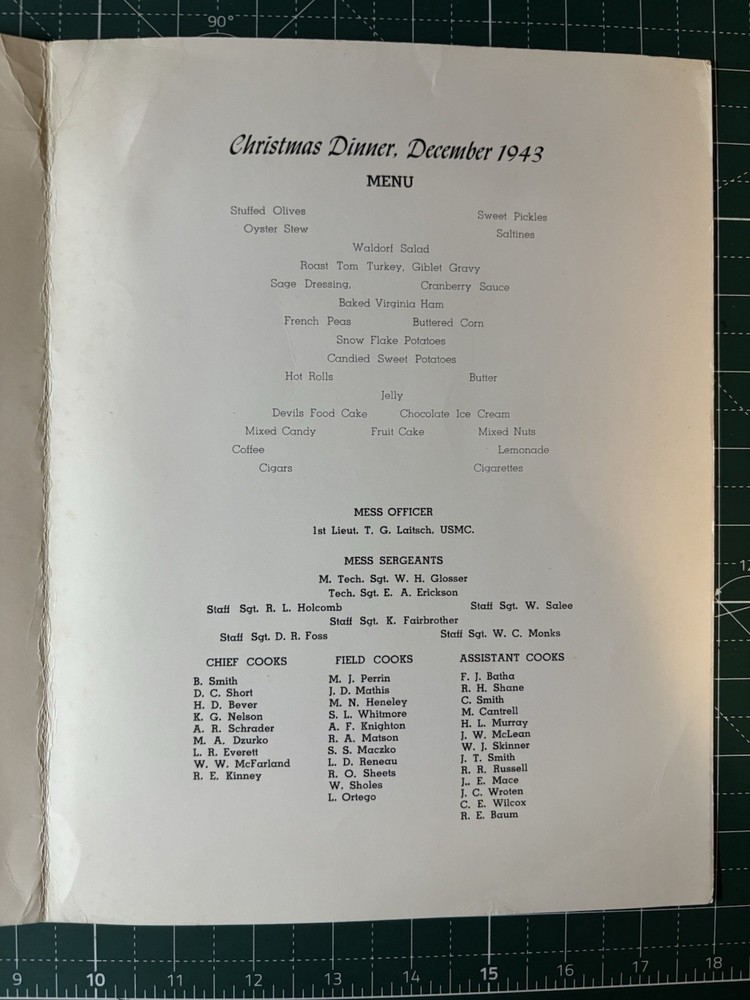 WW2 USMC Rare Navy Yard Christmas Dinner Menu 1943