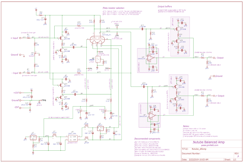 DIY PCB plus Tube - Balanced (differential) preamp/head amp using Korg Nutube