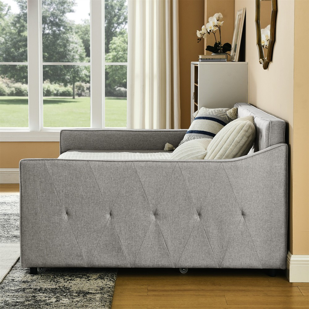Full Size Daybed with Pull Out Trundle Bed Linen Upholstered Bed Frame Sofa Bed