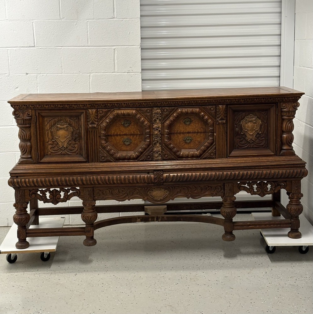 Antique hand carved oak buffet  sideboard 74.5 inches long - solid &  beaufiful