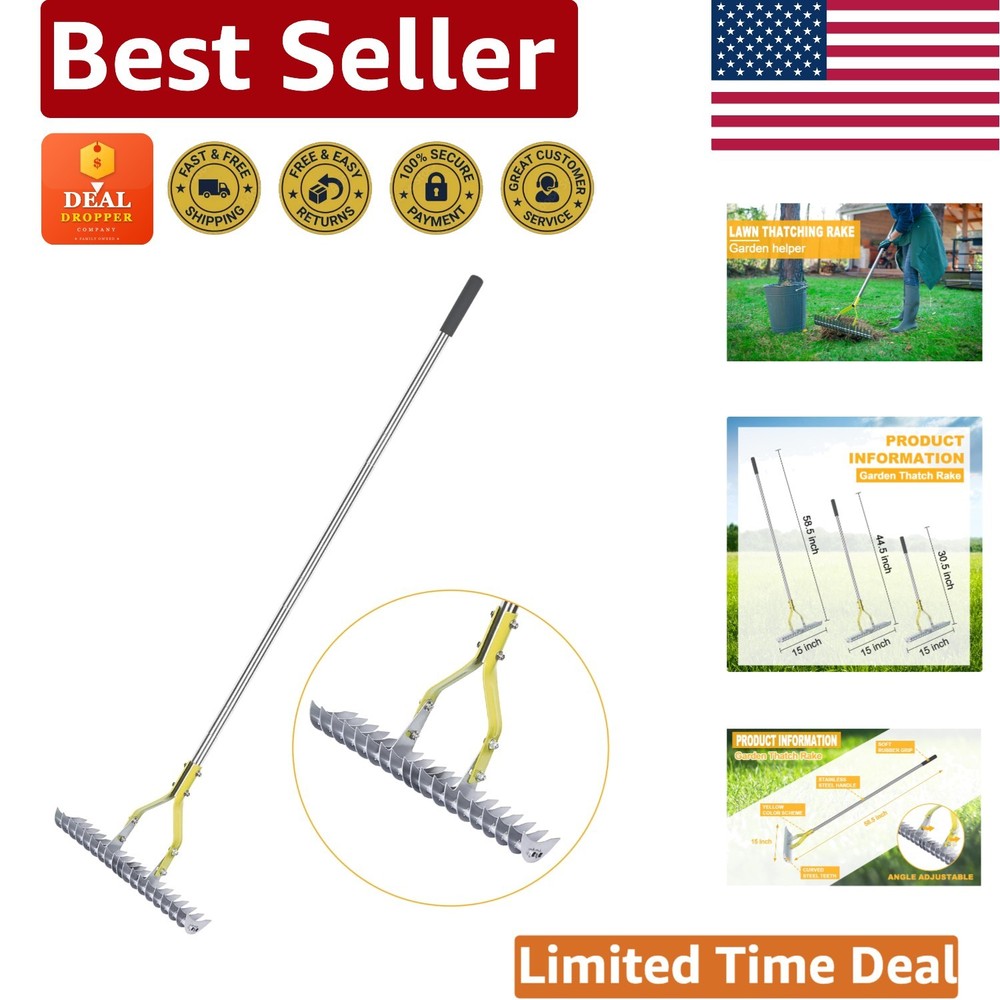 Adjustable Angle 15-Inch Thatching Rake with Lightweight Stainless Steel Design