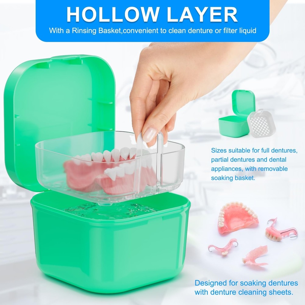 2 Pieces Denture Bath Box Case - Portable Soaking Cup with Strainer Basket - ...