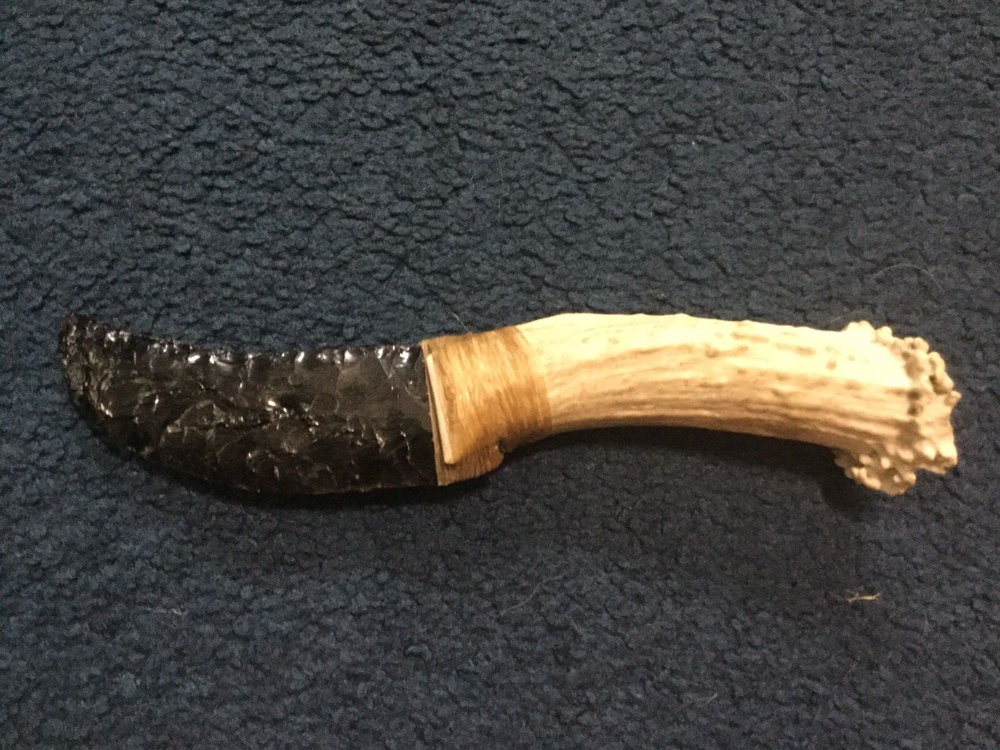 Primitive Obsidian Stone Bleached Antler Handle Knife