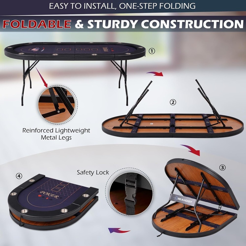 Conveniently Foldable Poker Table with Smooth Felt Surface and Accessories