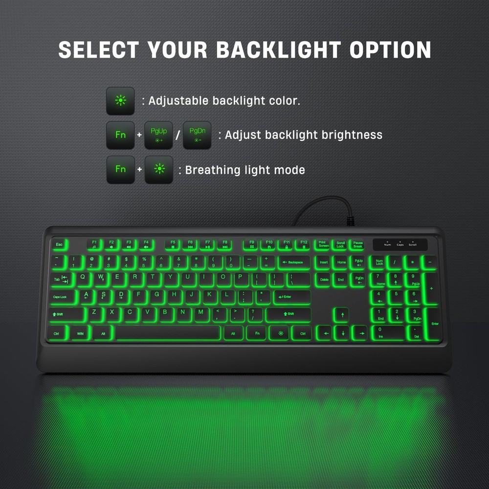 Wired USB LED Keyboard, 7 Colors Backlight, Full Size Quiet, Waterproof, PC