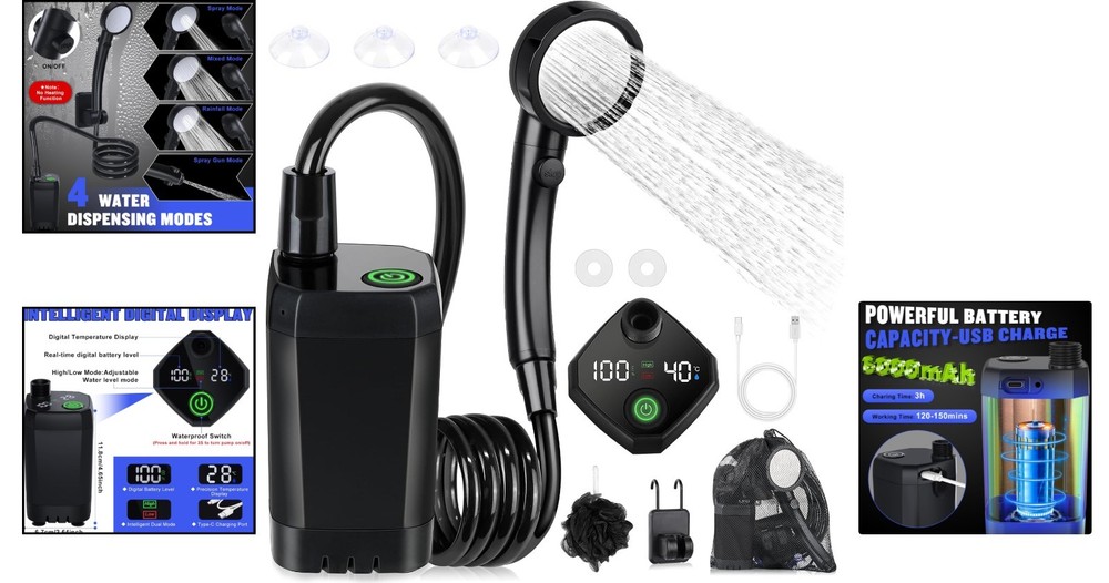 Versatile Waterproof Camping Shower Kit - Rechargeable & Adjustable Spray Modes