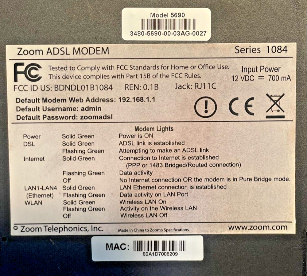 Zoom ADSL X6 wireless MODEM ROUTER Model 5690