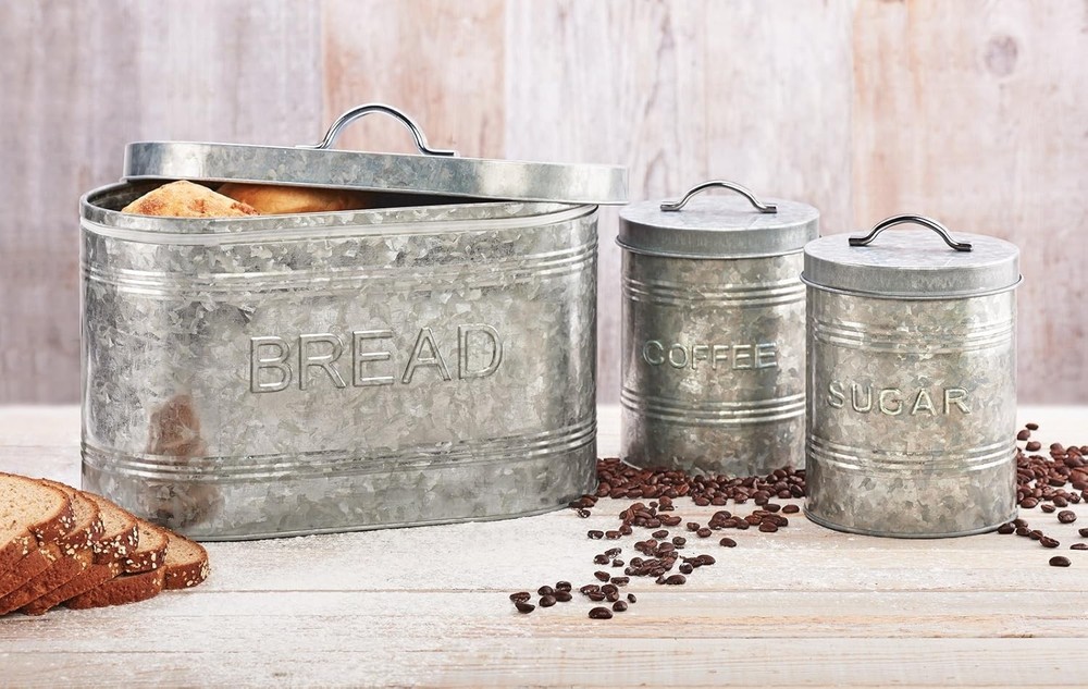 Rustic Kitchen Coffee Metal Canister Galvanized Metal Storage Container W/