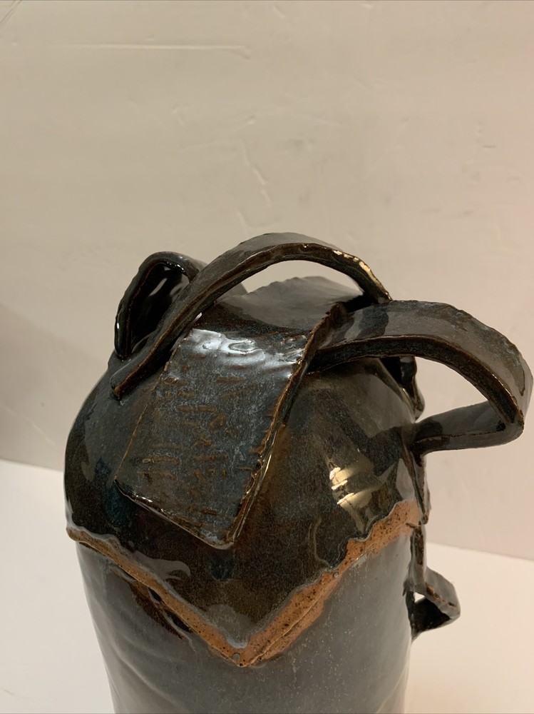 RARE Amanda Pottery Studio Stoneware Glazed Blue Cookie Jar Unique Shape Signed