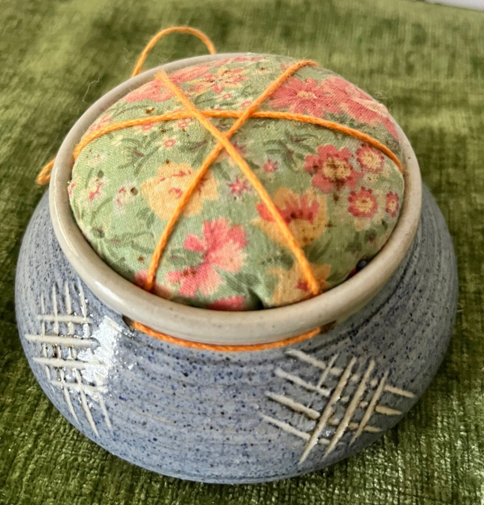 Ceramic Blue Glazed Pottery Pin Cushion Hand made Artist Signed
