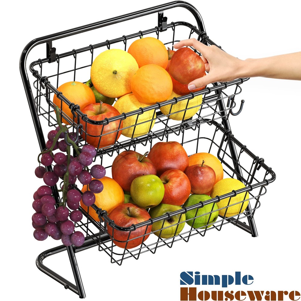 2-Tier Rigid Wire Market Basket Stand, Black
