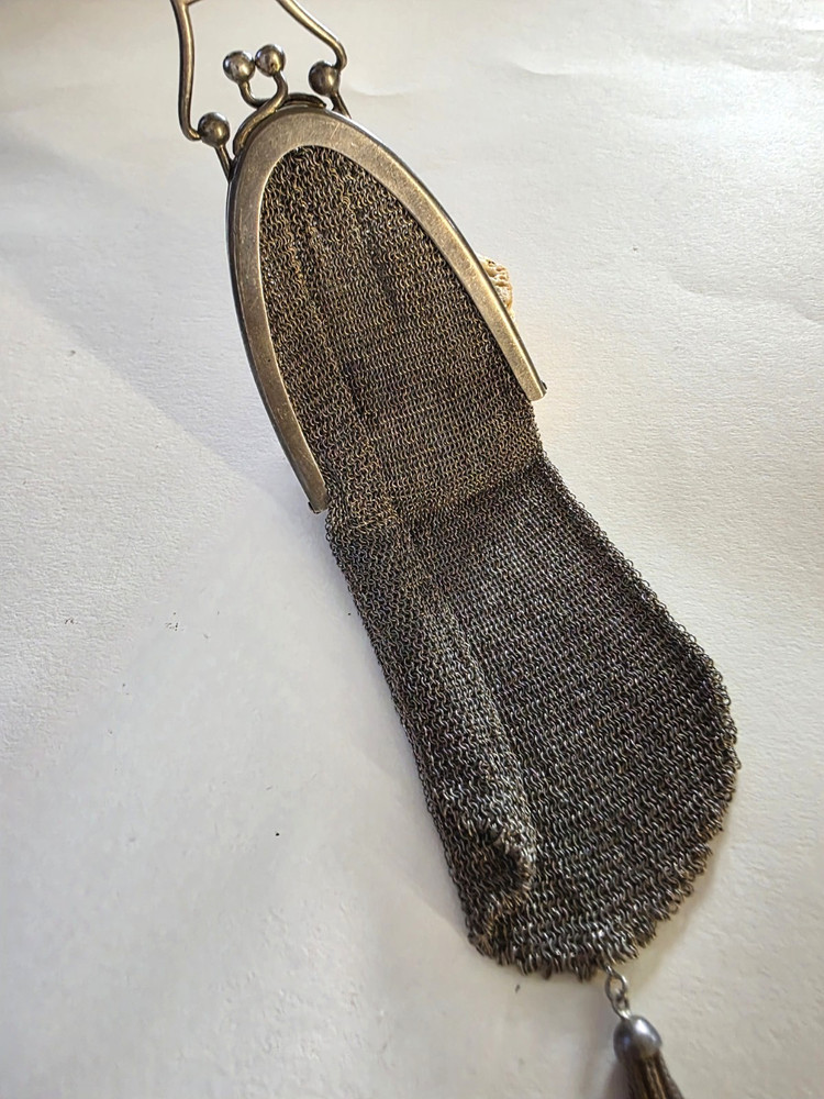 Antique Solid Silver 800 German Small Mesh Handbag Purse with Mesh Handle Strap.