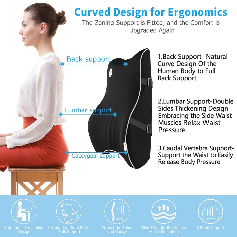 Lumbar Support Pillow,Memory Foam Back for Office Black