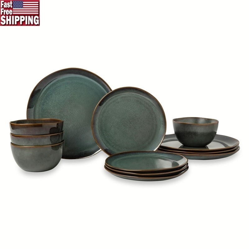 Rustic Ceramic Dinnerware Set 12 Piece Service 4 Dishwasher Microwave Safe New