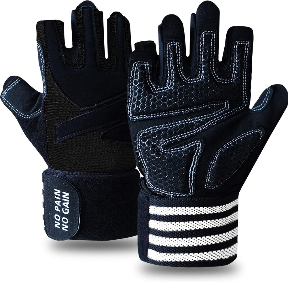 Padded Half Finger Weightlifting Workout Gloves with Wrist Strap