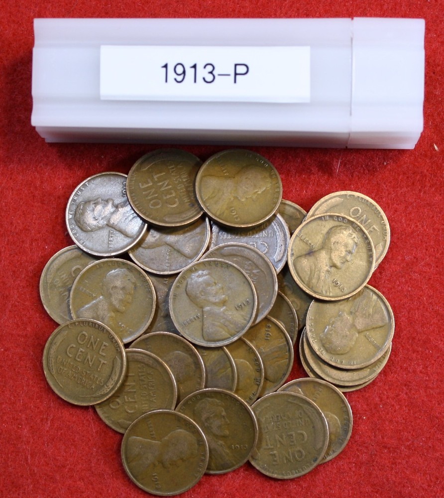 1913-P Lincoln Wheat Cent Penny 50 Coin Roll Circulated