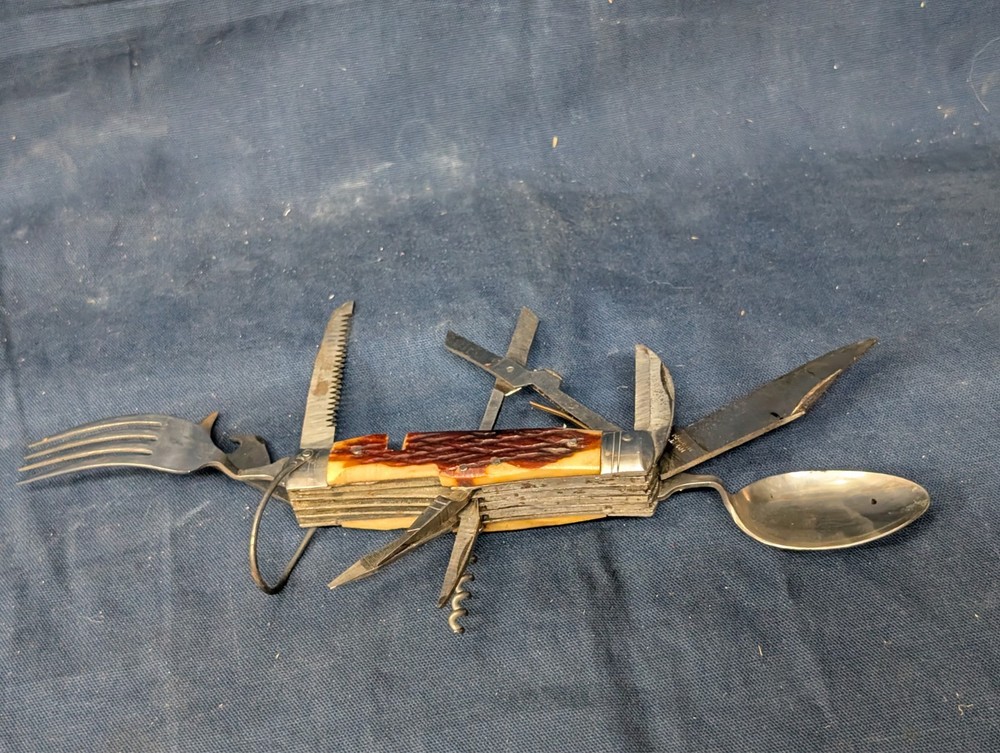VINTAGE BONE/STAG HANDLE 11 TOOL CAMPING / FOLDING SURVIVAL TOOL, Made in JAPAN