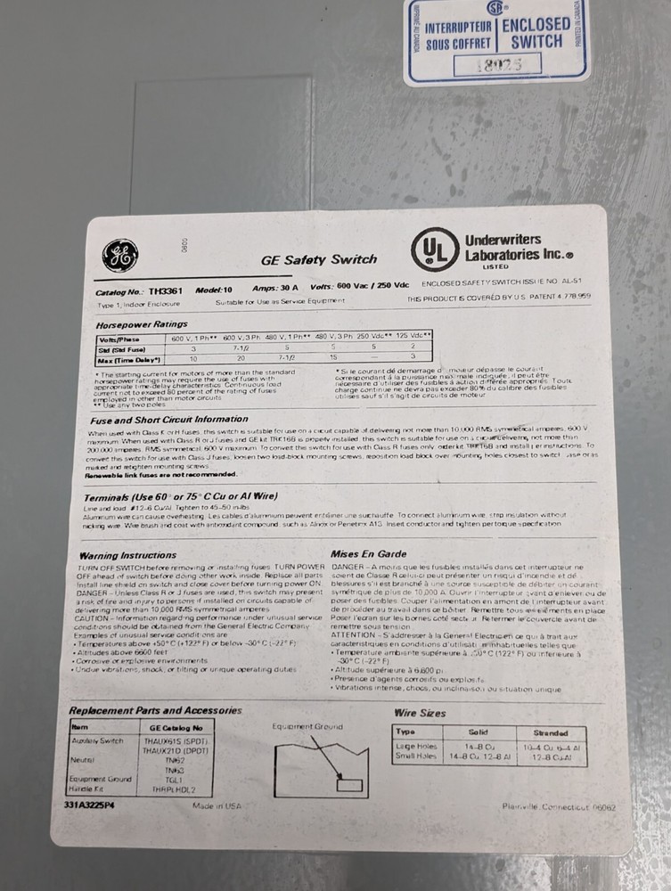 GENERAL ELECTRIC TH3361 Model 10 Safety Switch (USED).