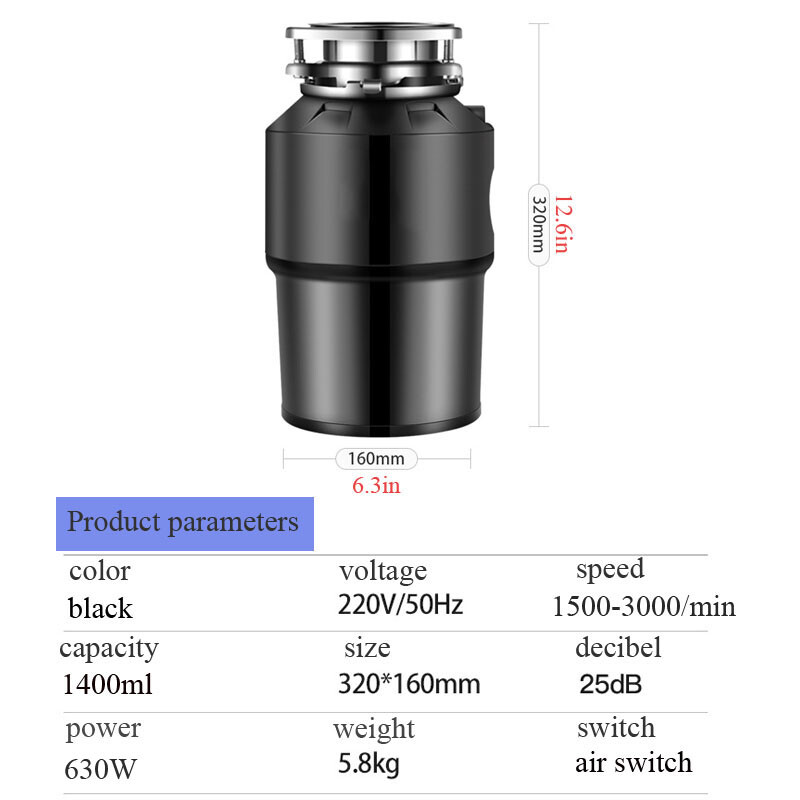 220V 1400ml Kitchen Food Waste Disposer Processor Garbage Disposal Crusher 630W