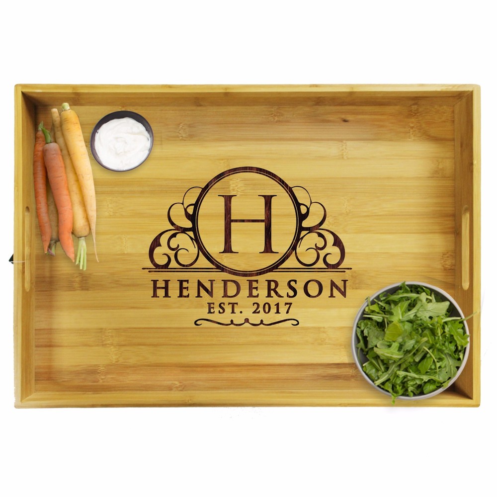Premium Custom Engraved Wood Bamboo Serving Tray - Personalized Wedding Gift