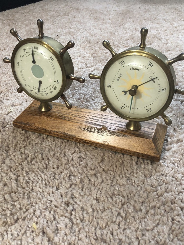 Vintage Barometer Thermometer Ships Wheel