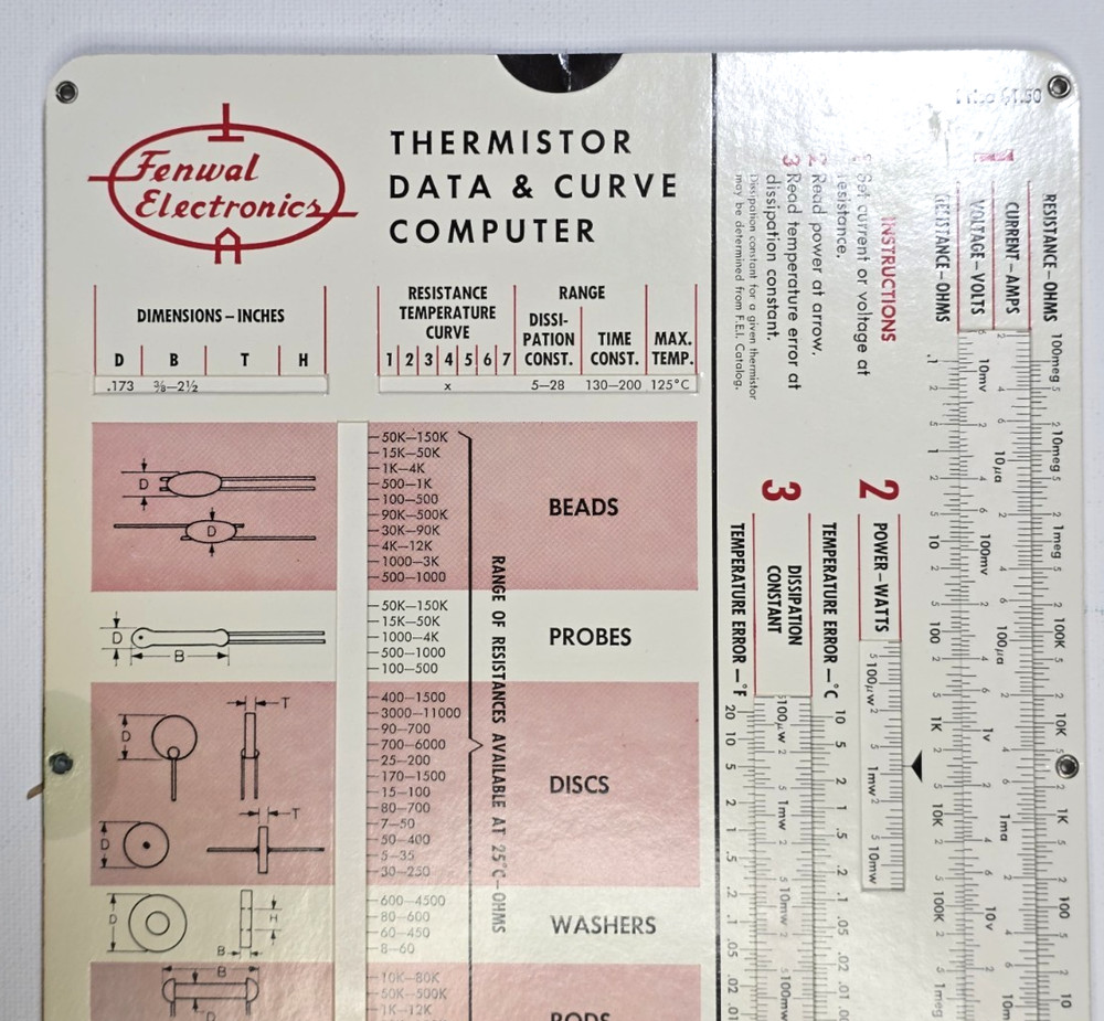 Fenwal Electronics Thermistor Data & Curve Computer Slide Rule 1960s