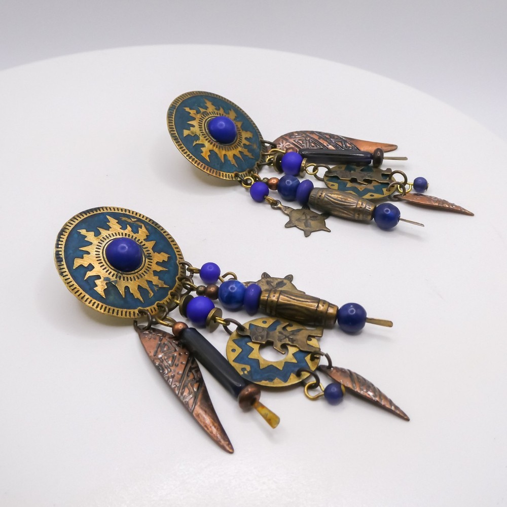 Native American Copper Katchina Turtle Drop Dangle Blue Sun 3.5" Earrings