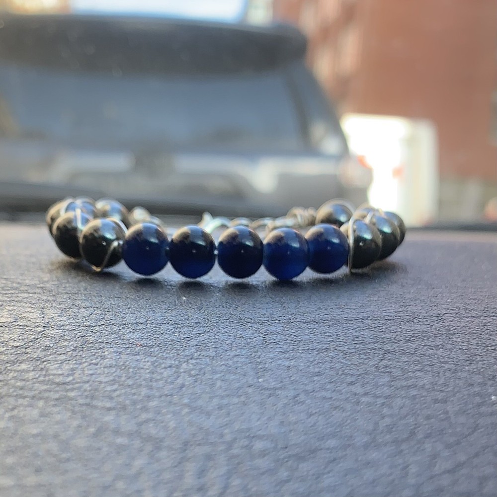 Handcrafted Hematite/Blue 8mm Bead Bracelet