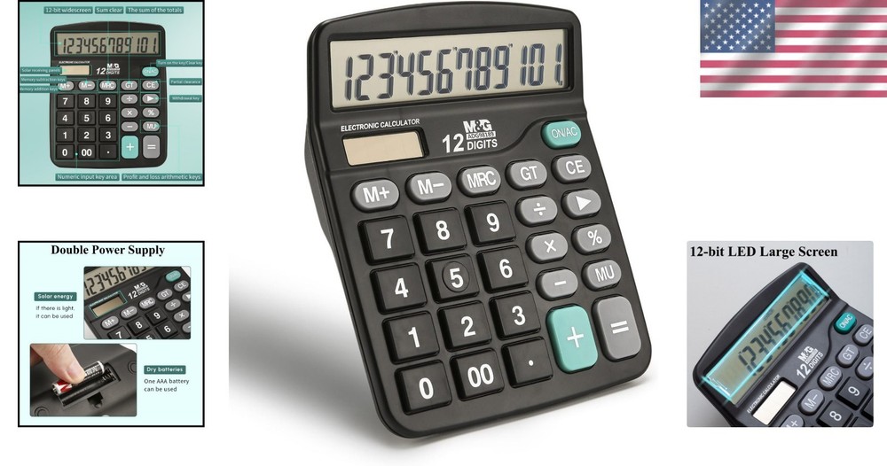 Stylish 12 Digit LCD Calculator - Solar & Battery with Comfortable Key Input