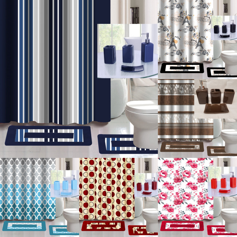 19PC COMPLETE BATHROOM BATH MATS PRINTED SHOWER CURTAIN W/CERAMIC ACCESSORY