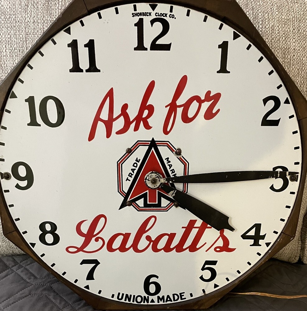 ORIGINAL 1930 PORCELAIN LABATT'S BEER CLOCK Shonbeck Clock Co. Canada