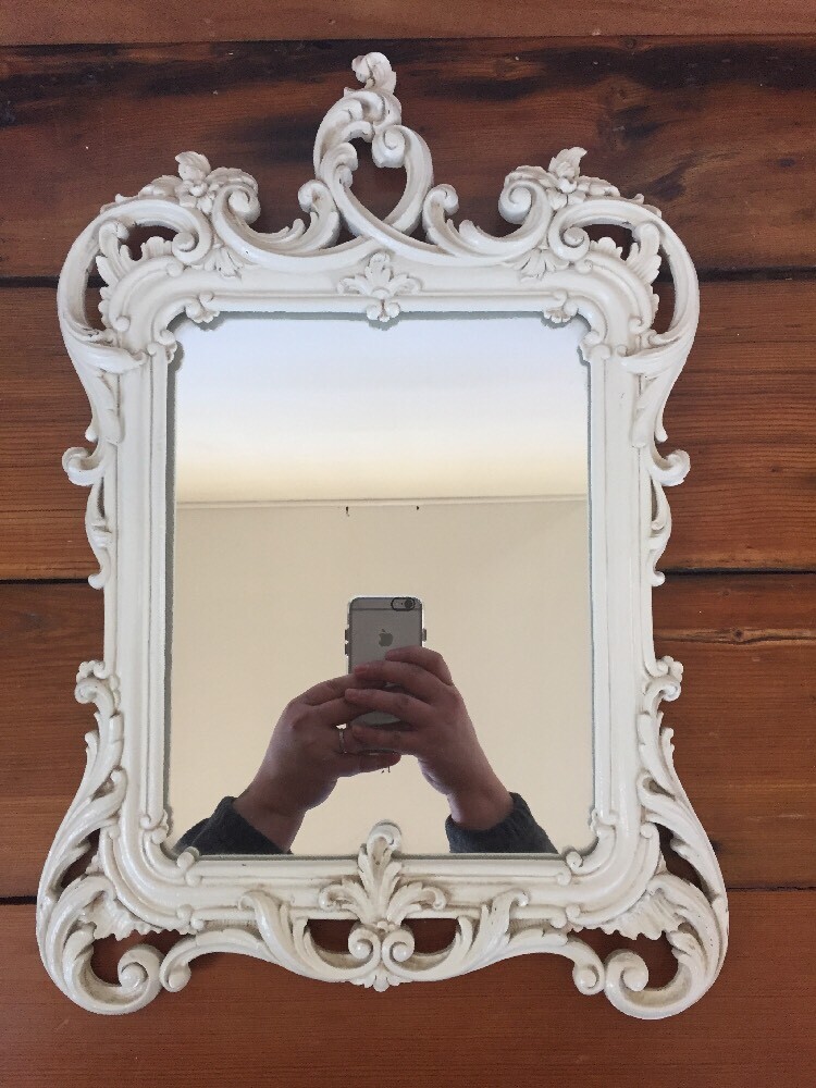 Vintage Syroco Wood Rectangular Filigree Ornamental White Wooden Wall Mirror 16"