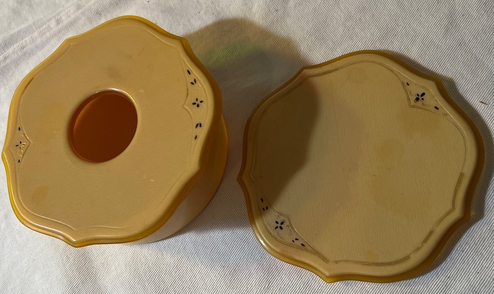 Vintage Bakelite Celluloid Container Yellow Gold w/2 Lids