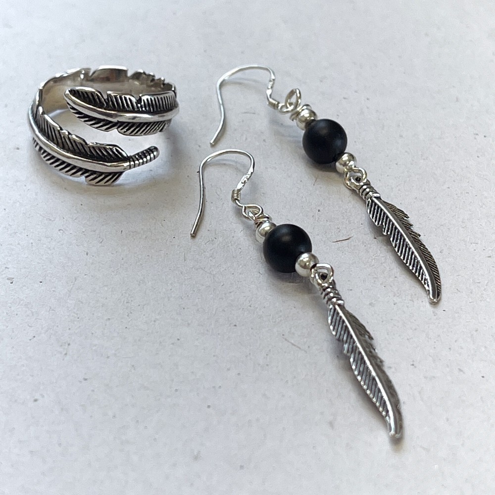 black onyx feather earrings