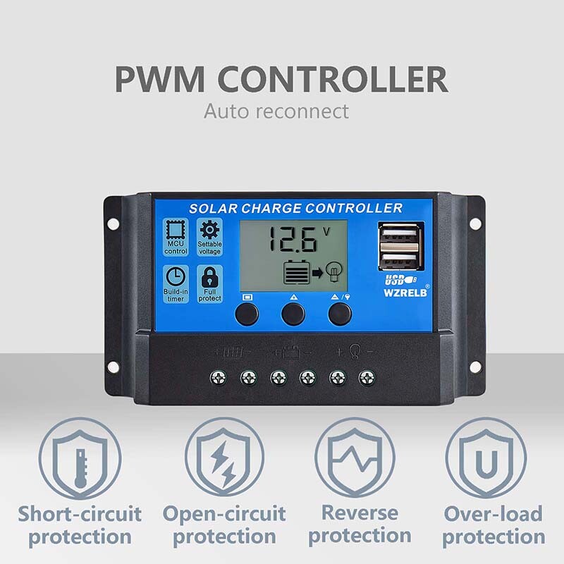 PWM Solar Panel Battery Charge LCD Controller 10A 12V/24VAuto Regulator Dual USB