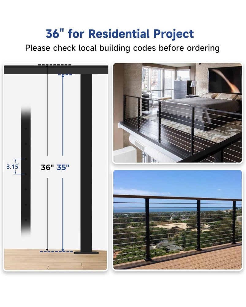 36" Cable Railing Post, Fixed Top Level Drilled Line Post with Cable
