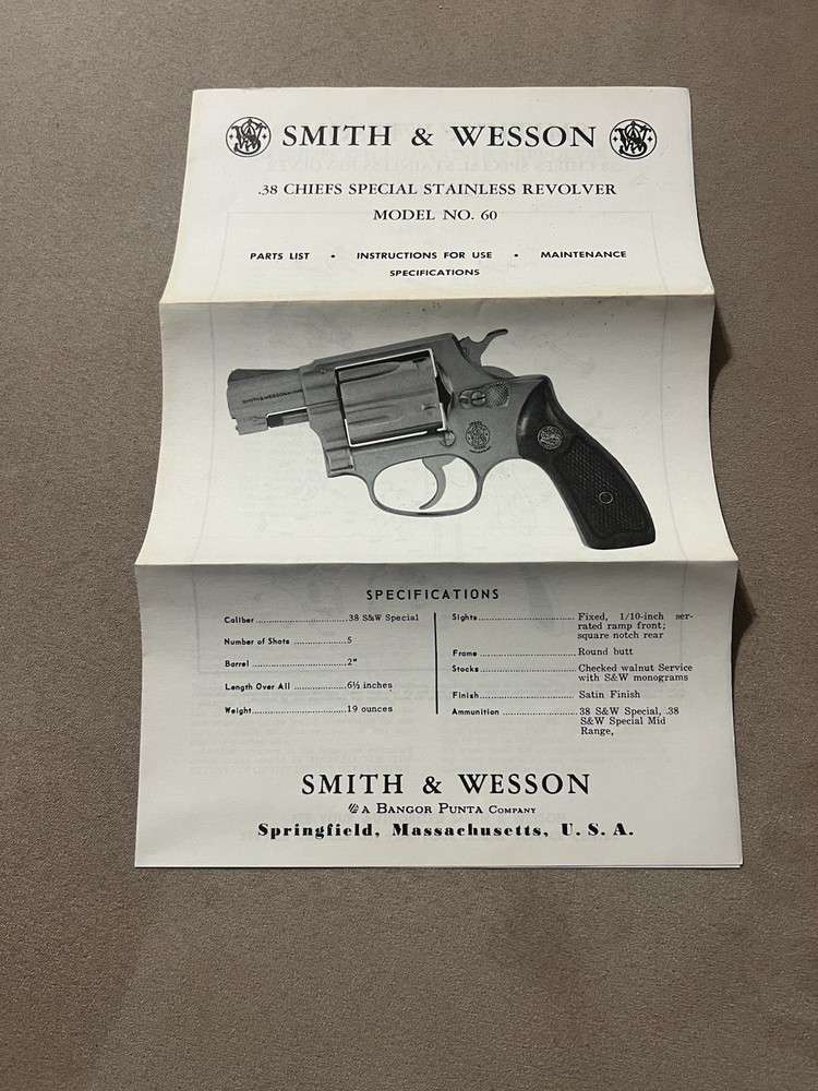 Factory Original Smith & Wesson Model 60 Manual S&W