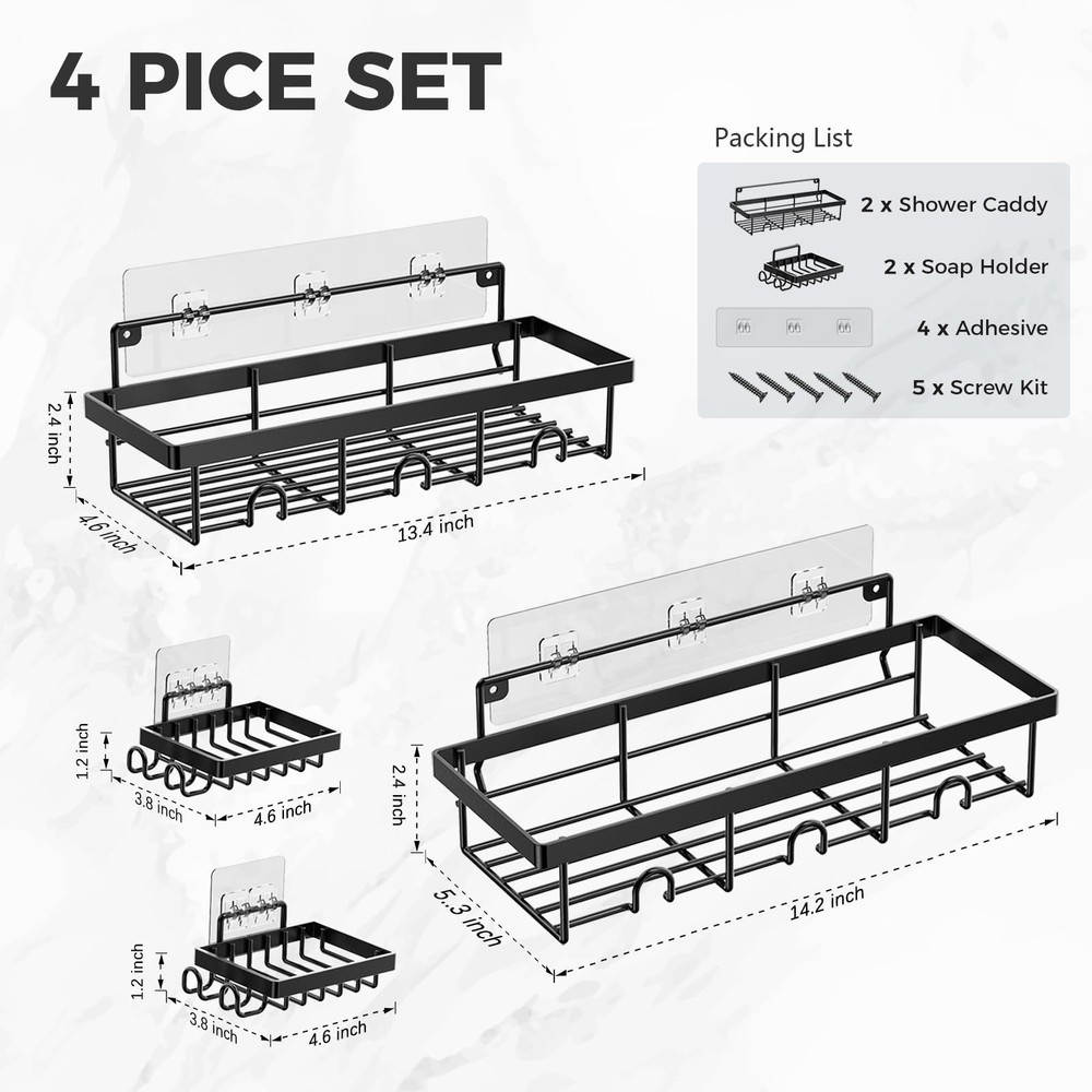 Adhesive Shower Caddy Shelves 4 Pack - No Drill Rust-Proof Bath Organizer for...