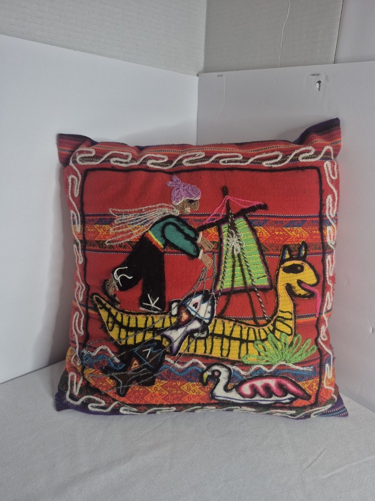 Peruvian Textile Folk Art Embroidered Throw Pillow 12*12