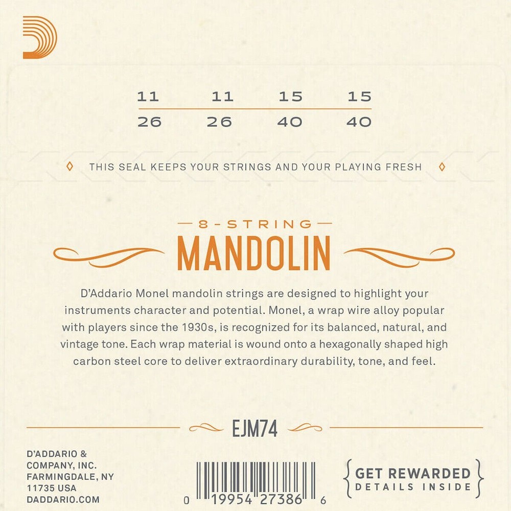 D'Addario Mandolin Strings 2 Sets Loop End Monel EJM74 11-40