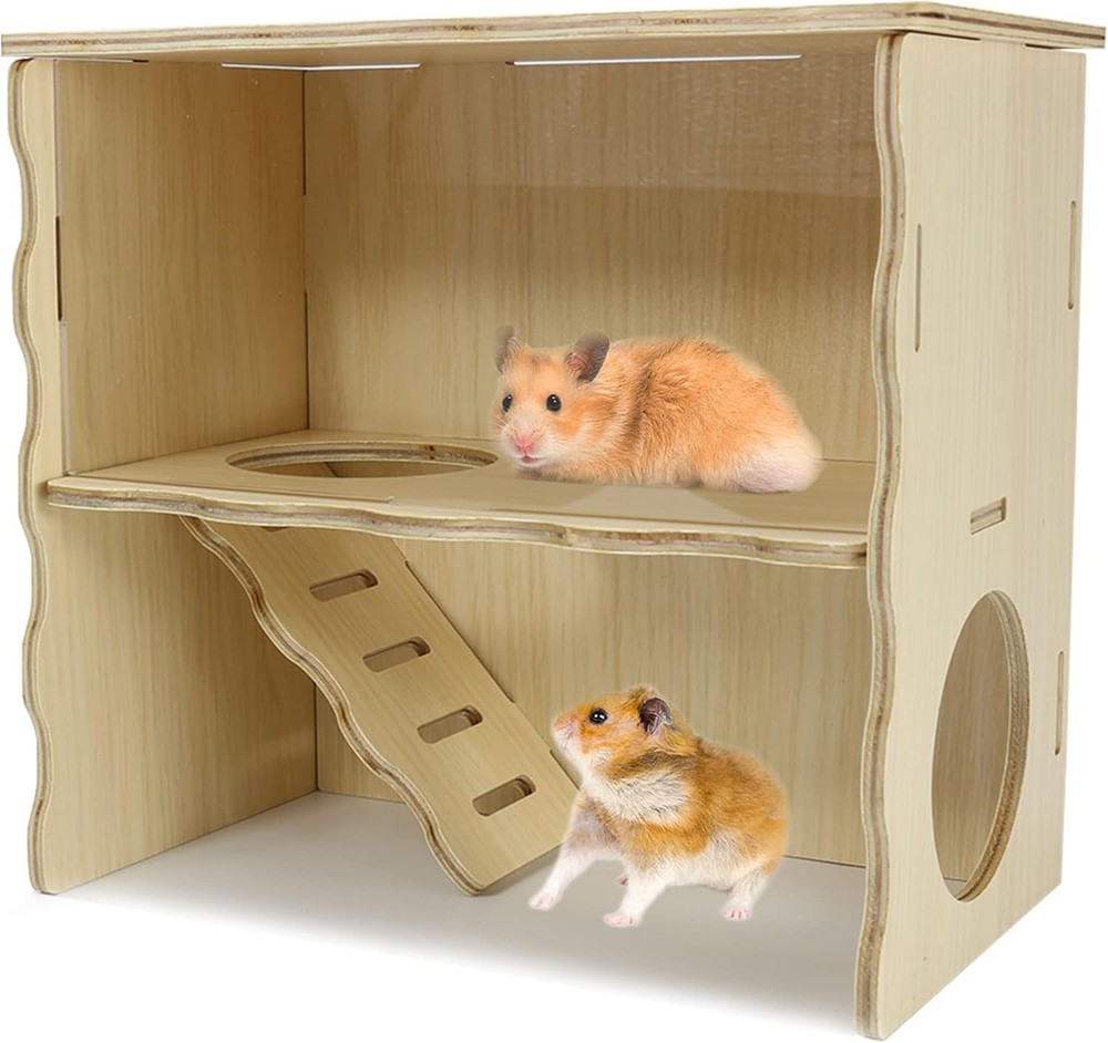 Double-Decker Hamster Hide, Wooden Hut, Acrylic Panel, Syrian, Gerbil, Mouse